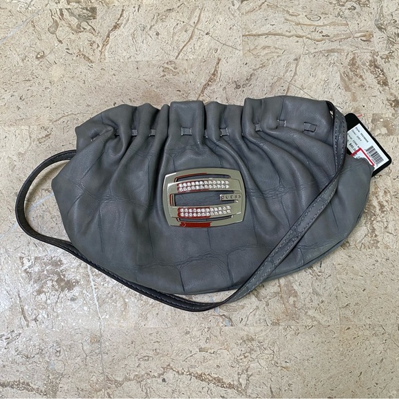 Small Evening Clutch Handbag Rhinestones Faux Grey Leather Animal Print Guess - Picture 9 of 13